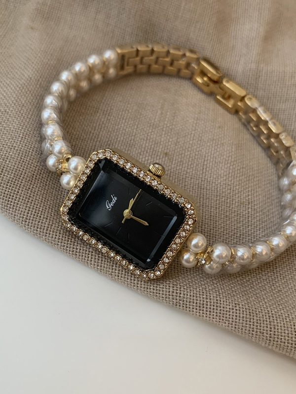 Silver Black Square Pearl Bracelet Diamond Fashion Quartz Watch