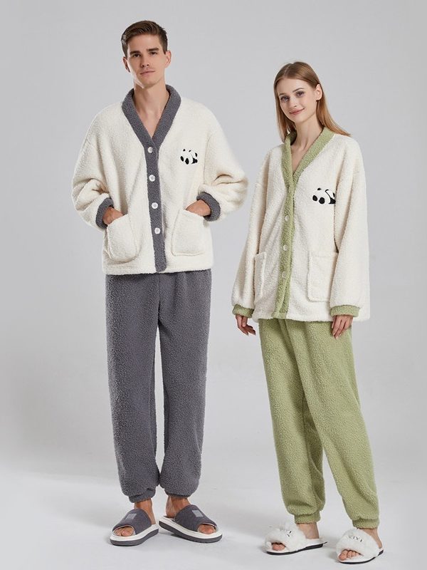 Couple Pajamas Women Winter Coral Fleece Thickened Casual Clothes Half Velvet Cartoon Panda Couple Pajamas Suit