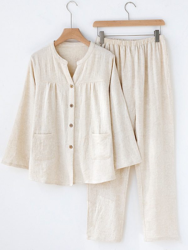 Womens Autumn Japanese-Style V-Neck Solid-Color Long-Sleeve Pantsuit