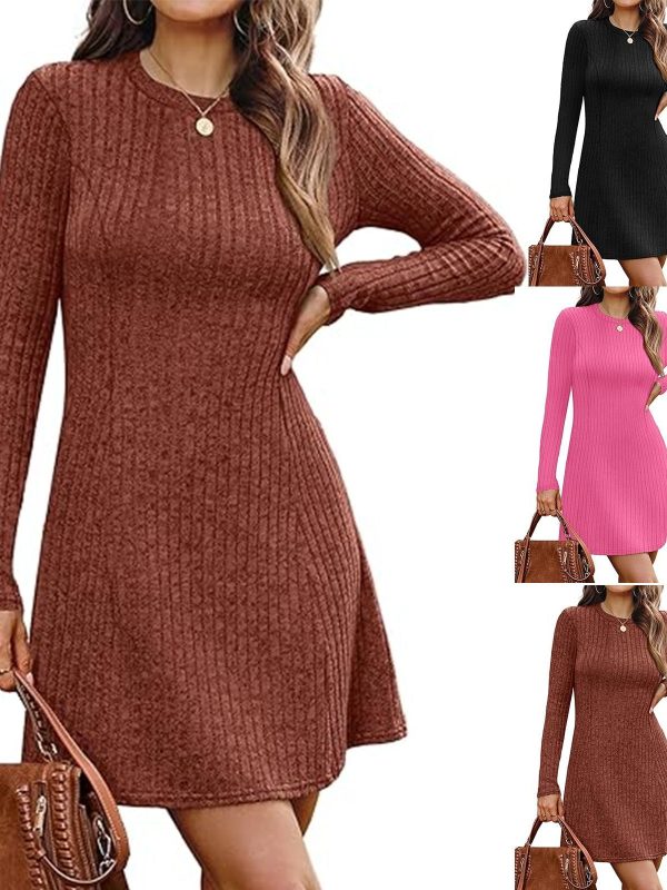 New AutumnWinter European And American Style Fitted Long-Sleeve Sweater Dress For Women
